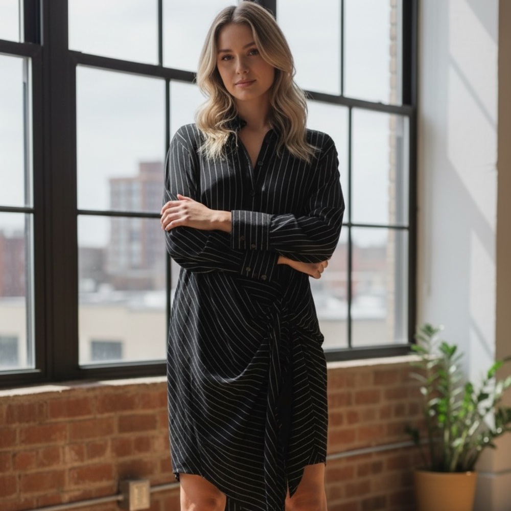 L'Academie Black Pinstripe Asymmetrical Dress M